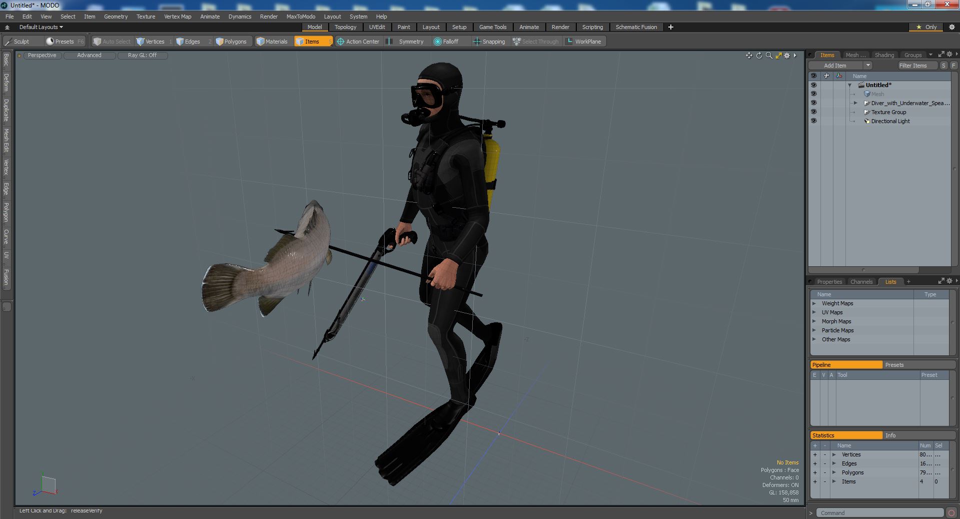 Diver with Underwater Speargun and Fish 3D model