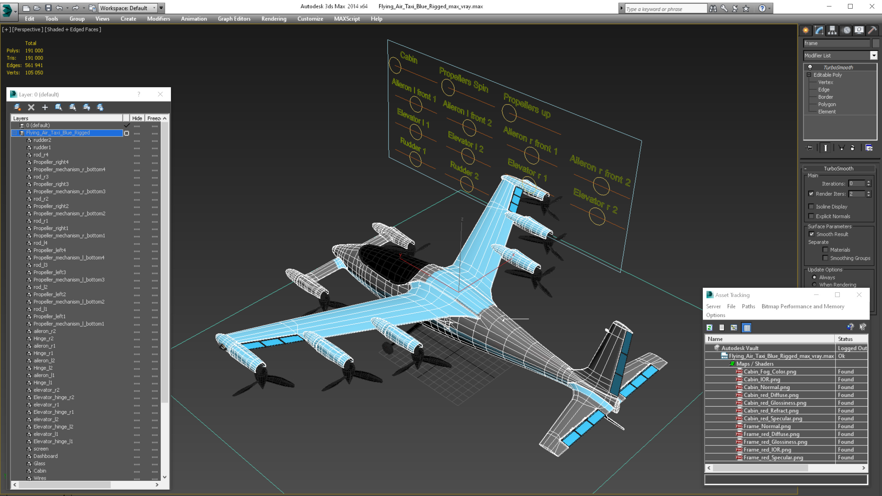 Flying Air Taxi Blue Rigged 3D
