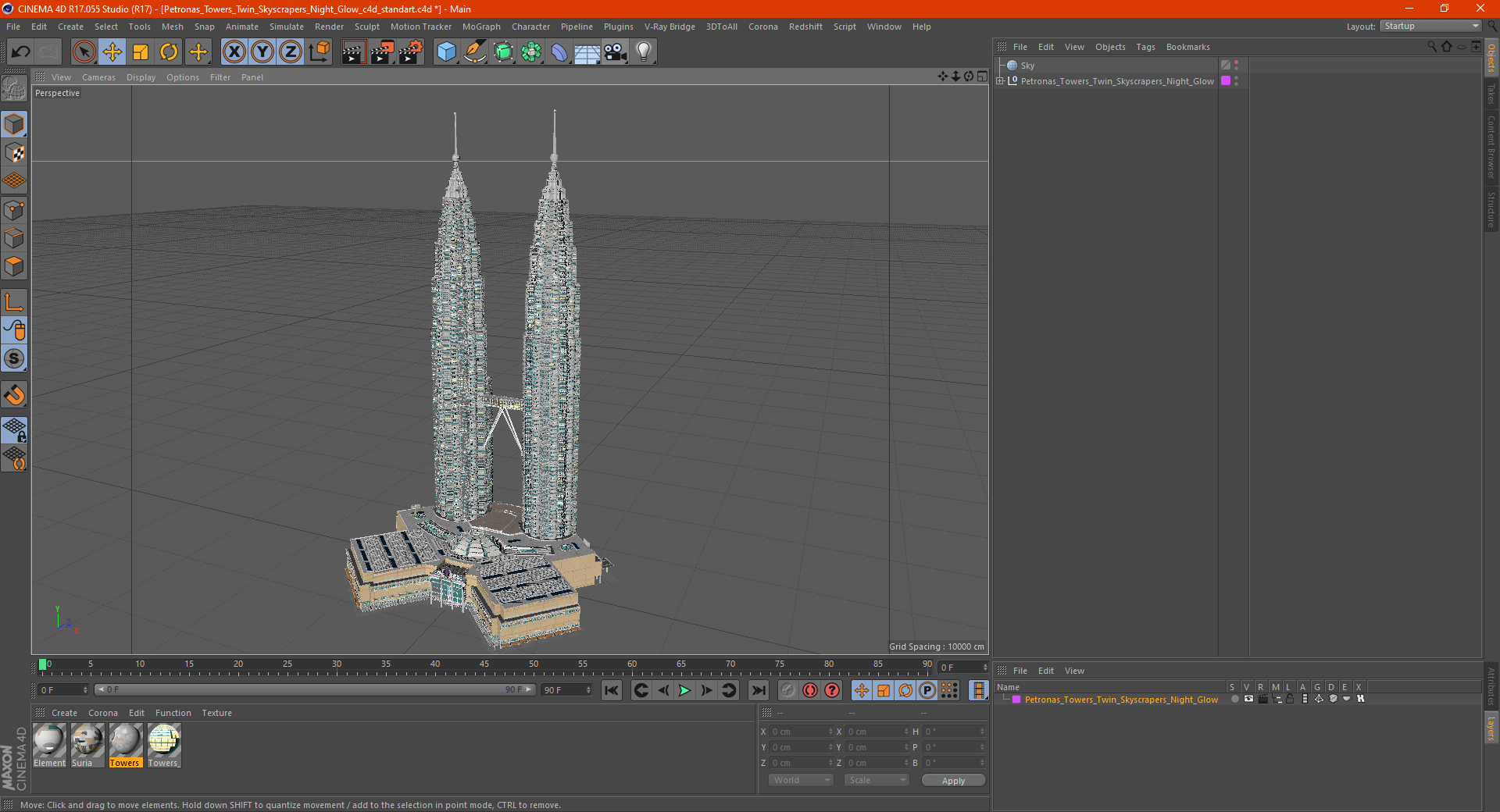3D Petronas Towers Twin Skyscrapers Night Glow model