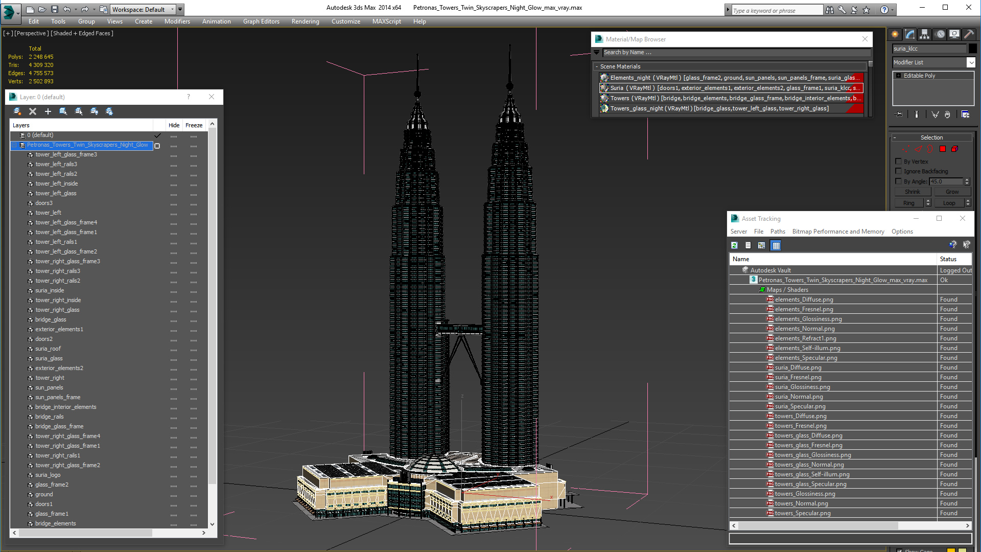 3D Petronas Towers Twin Skyscrapers Night Glow model