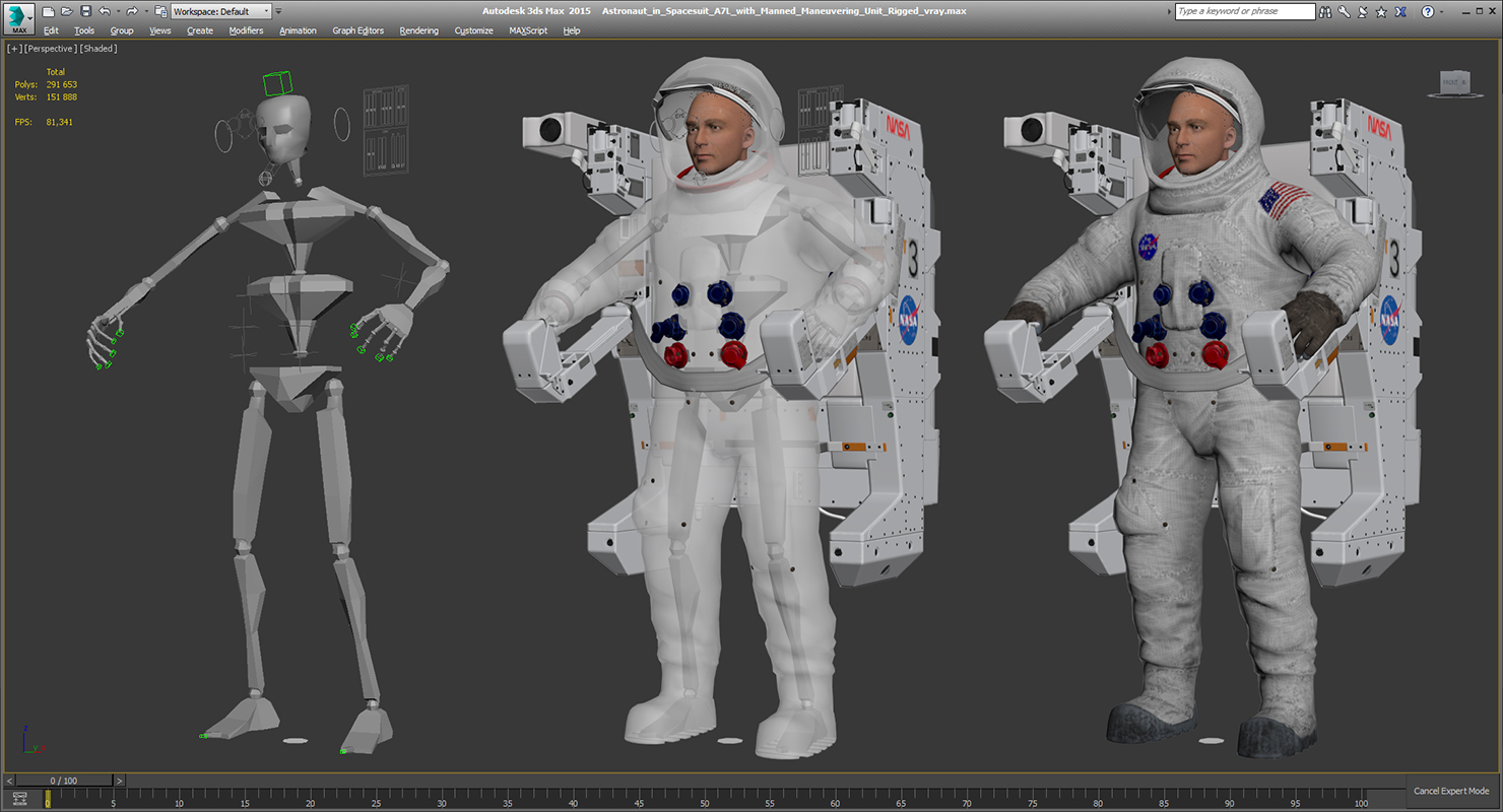 Astronaut in Spacesuit A7L with Manned Maneuvering Unit Rigged 3D