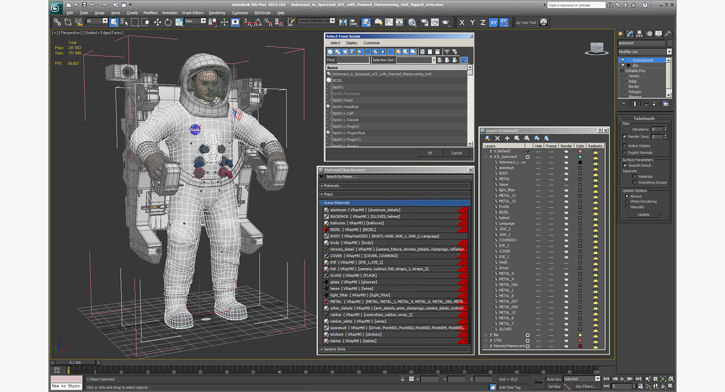 Astronaut in Spacesuit A7L with Manned Maneuvering Unit Rigged 3D