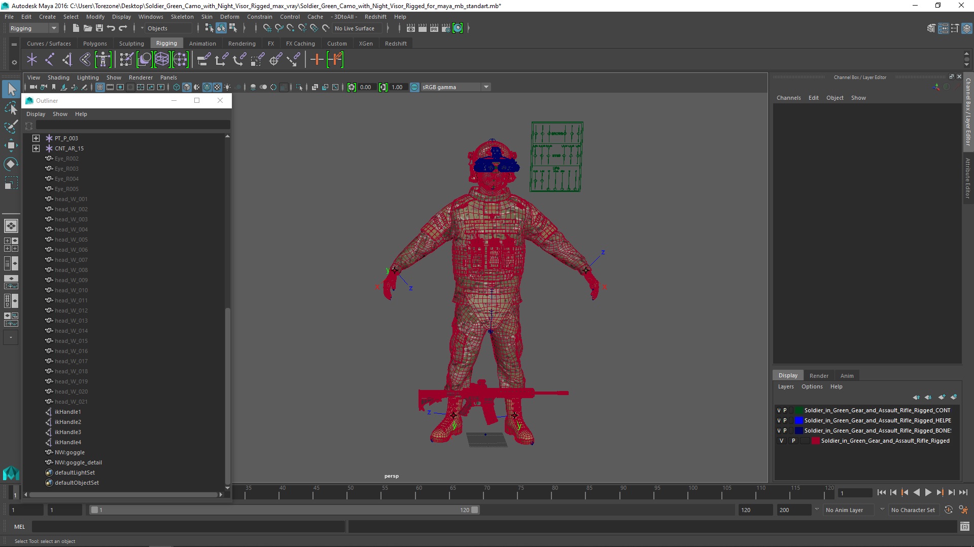 3D Soldier Green Camo with Night Visor Rigged for Maya