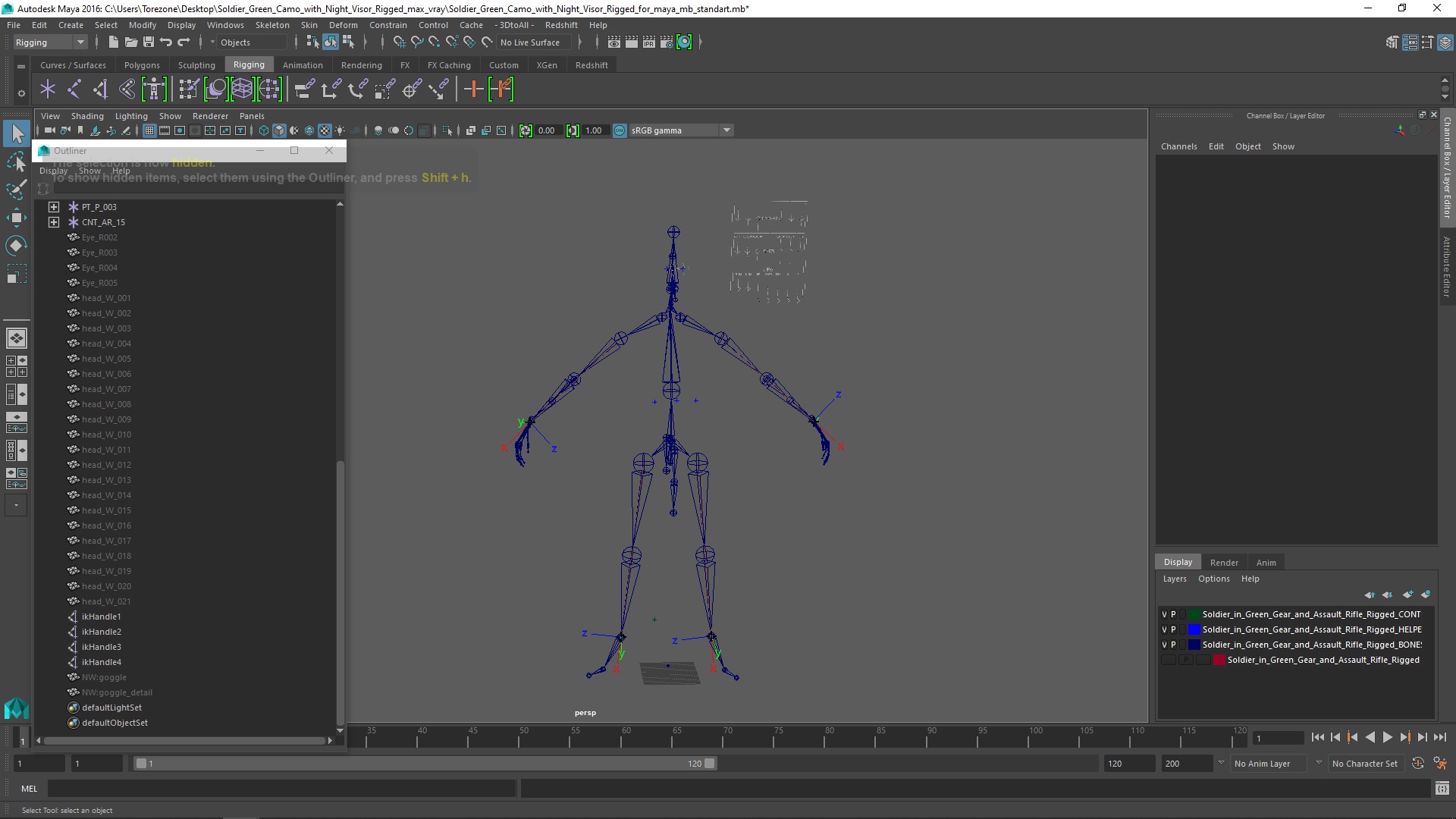 3D Soldier Green Camo with Night Visor Rigged for Maya