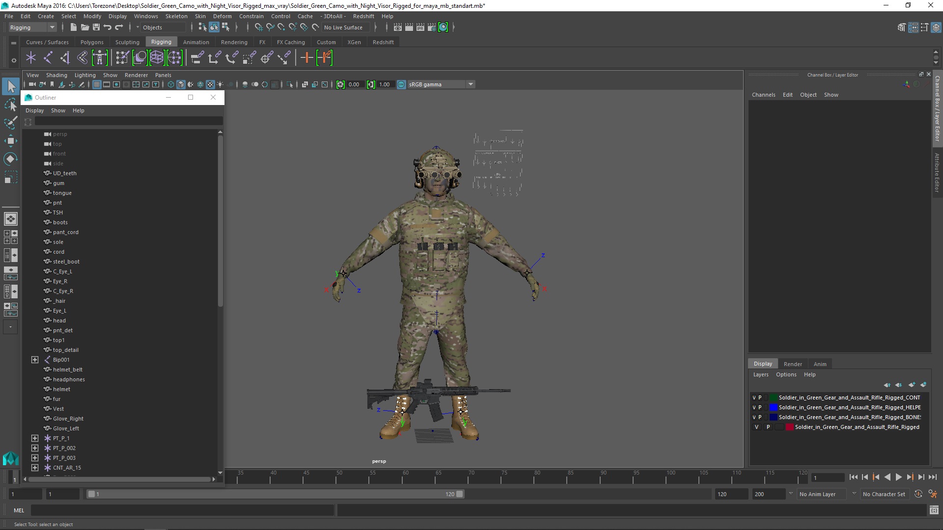 3D Soldier Green Camo with Night Visor Rigged for Maya