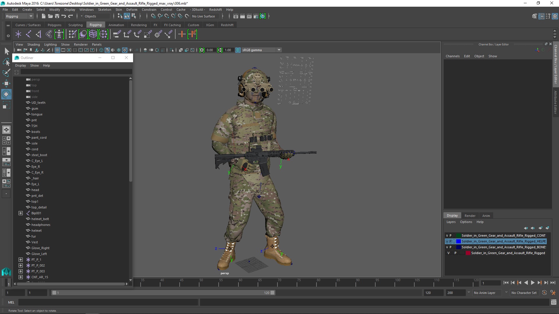 3D Soldier Green Camo with Night Visor Rigged for Maya