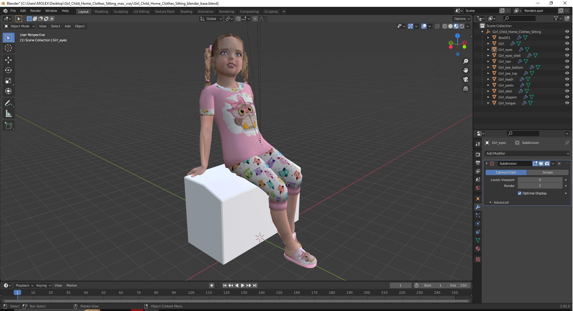 3D Girl Child Home Clothes Sitting