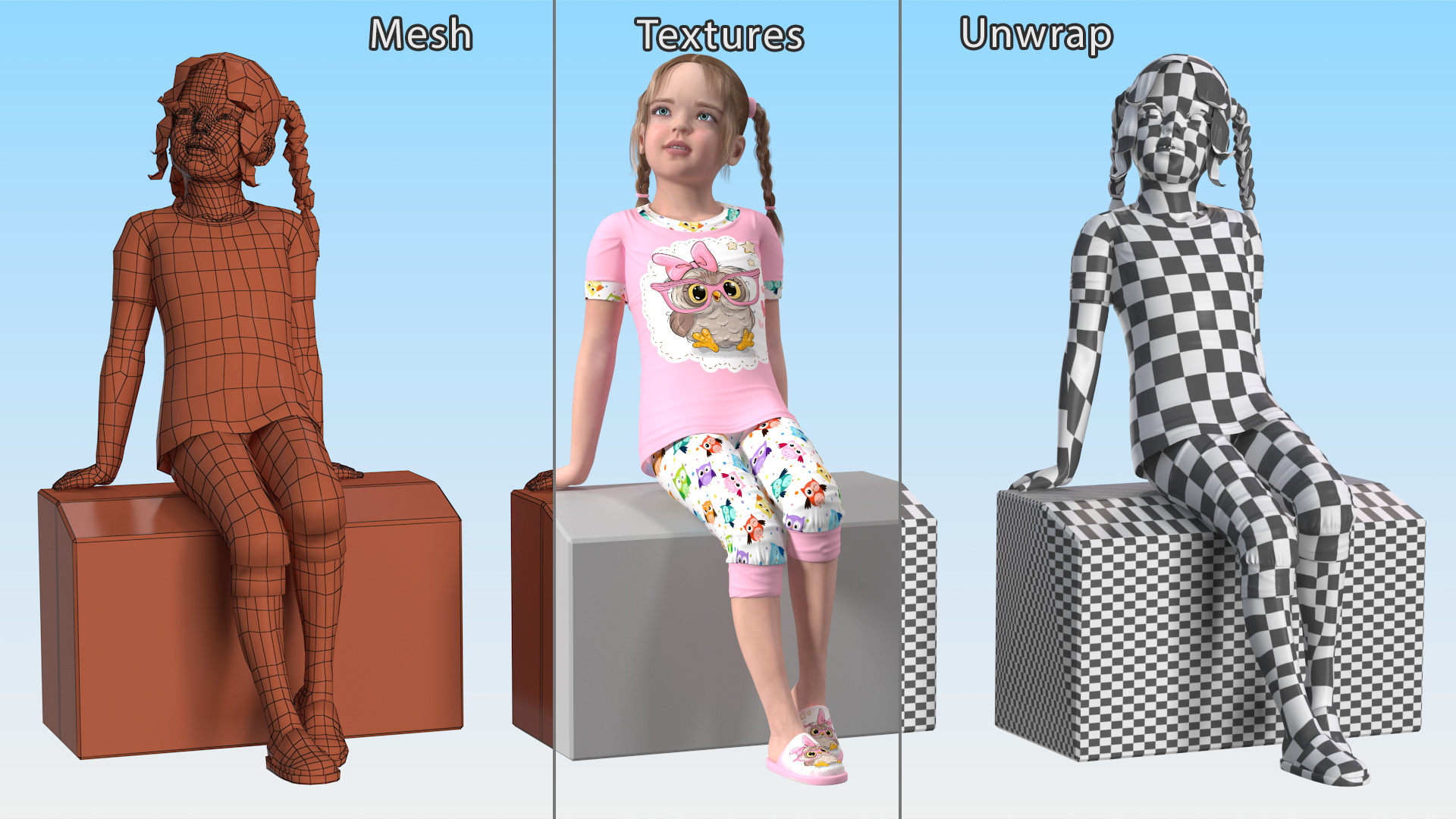 3D Girl Child Home Clothes Sitting
