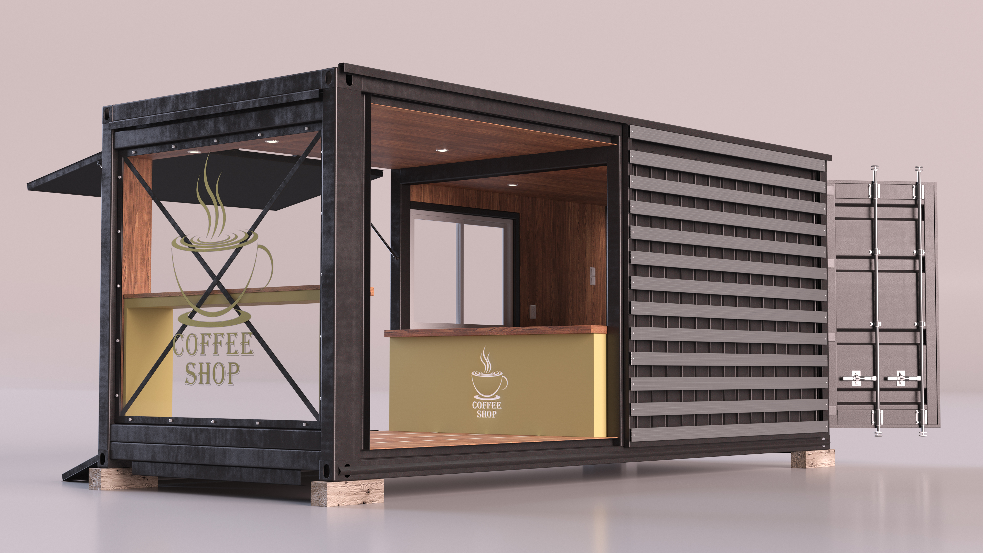 Sea Container Coffee Shop Wooden 3D