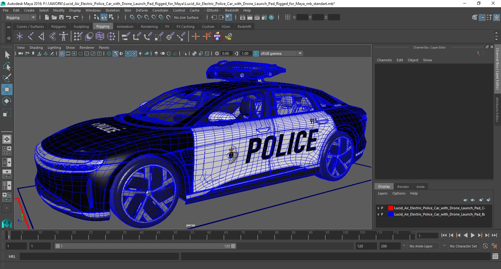 Lucid Air Electric Police Car with Drone Launch Pad Rigged for Maya 3D
