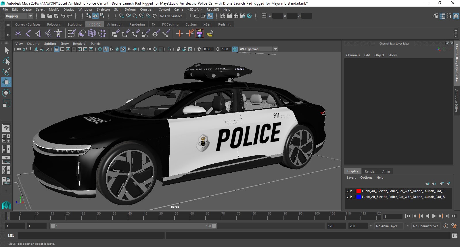 Lucid Air Electric Police Car with Drone Launch Pad Rigged for Maya 3D