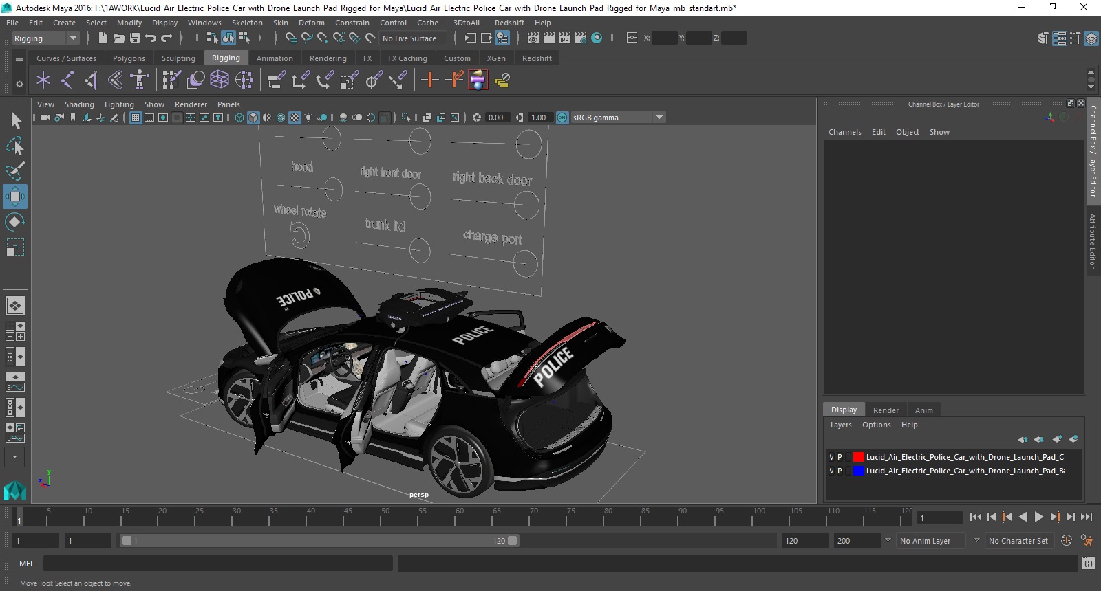 Lucid Air Electric Police Car with Drone Launch Pad Rigged for Maya 3D