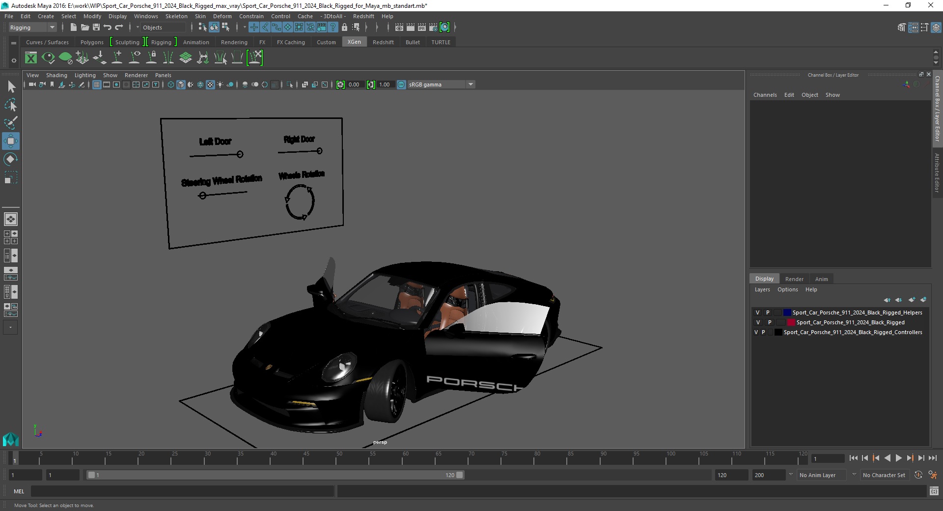3D Sport Car Porsche 911 2024 Black Rigged for Maya model