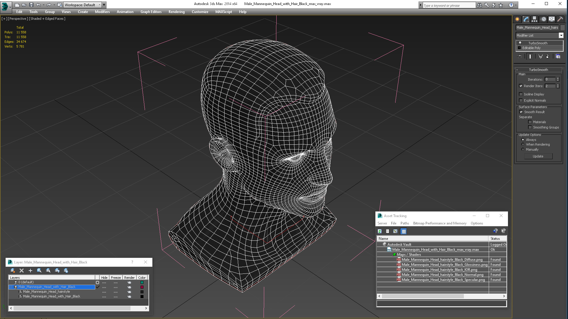 3D model Male Mannequin Head with Hair Black