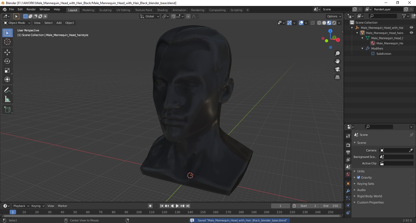 3D model Male Mannequin Head with Hair Black