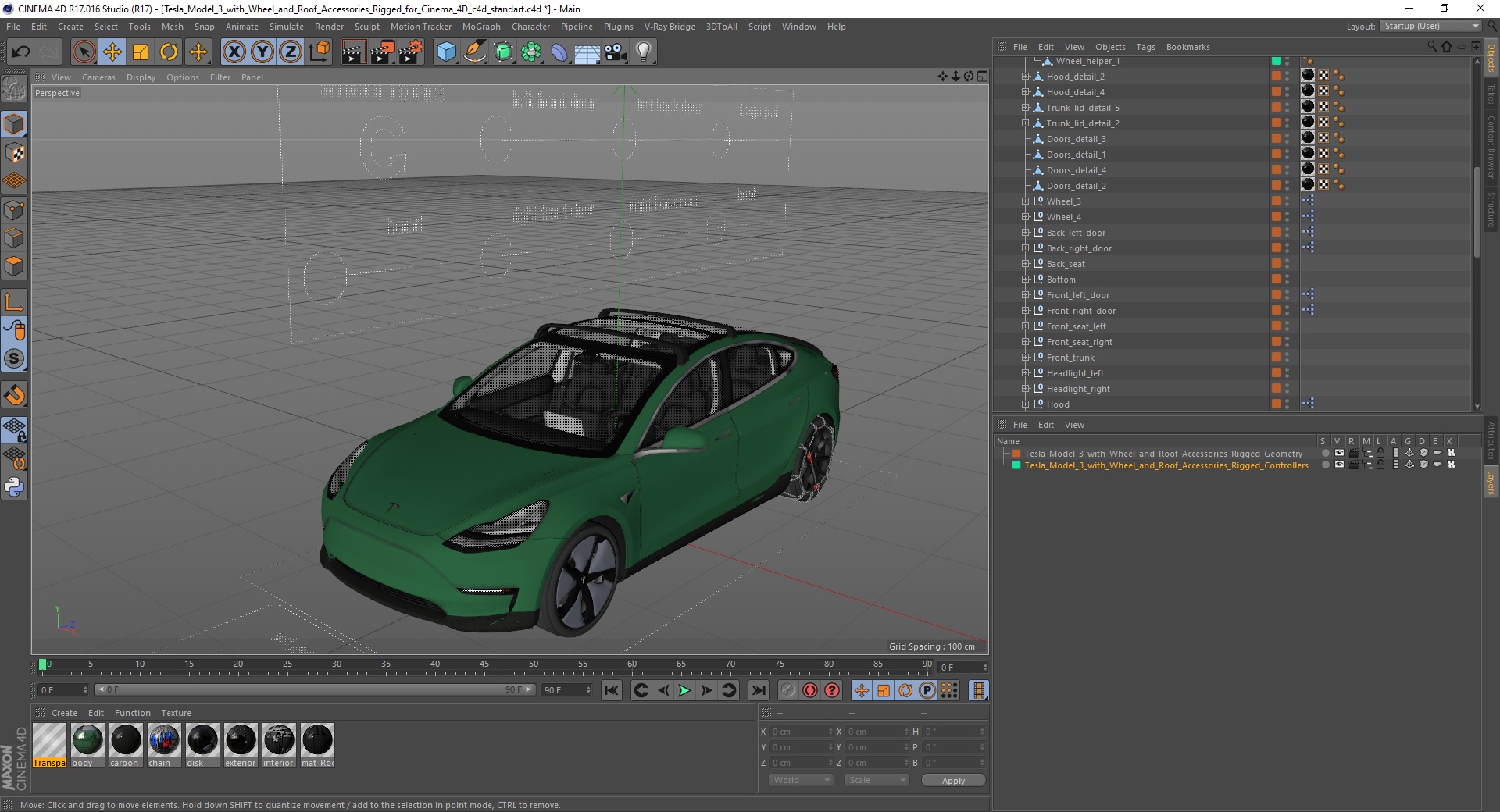 3D Tesla Model 3 with Wheel and Roof Accessories Rigged for Cinema 4D
