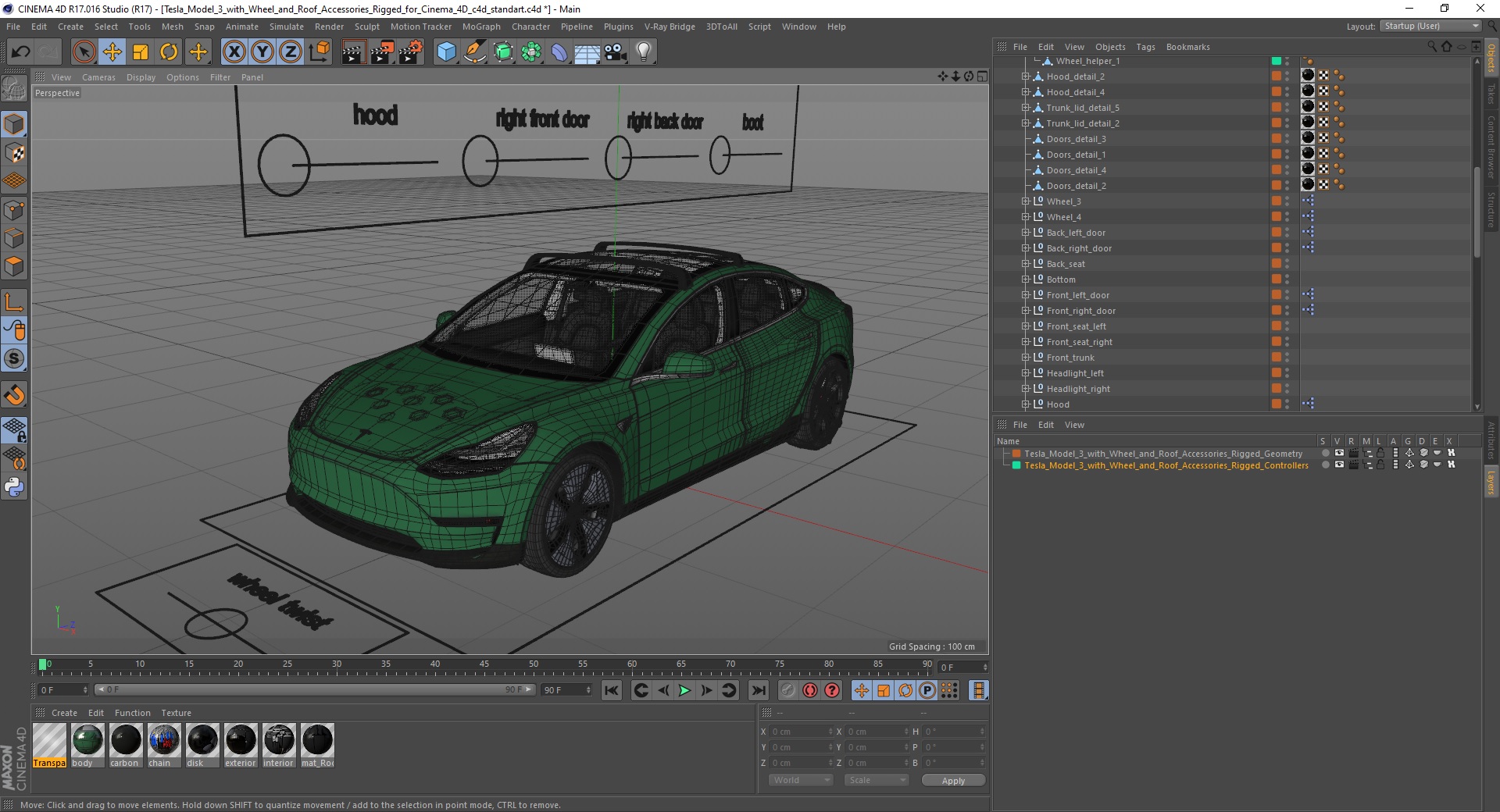 3D Tesla Model 3 with Wheel and Roof Accessories Rigged for Cinema 4D