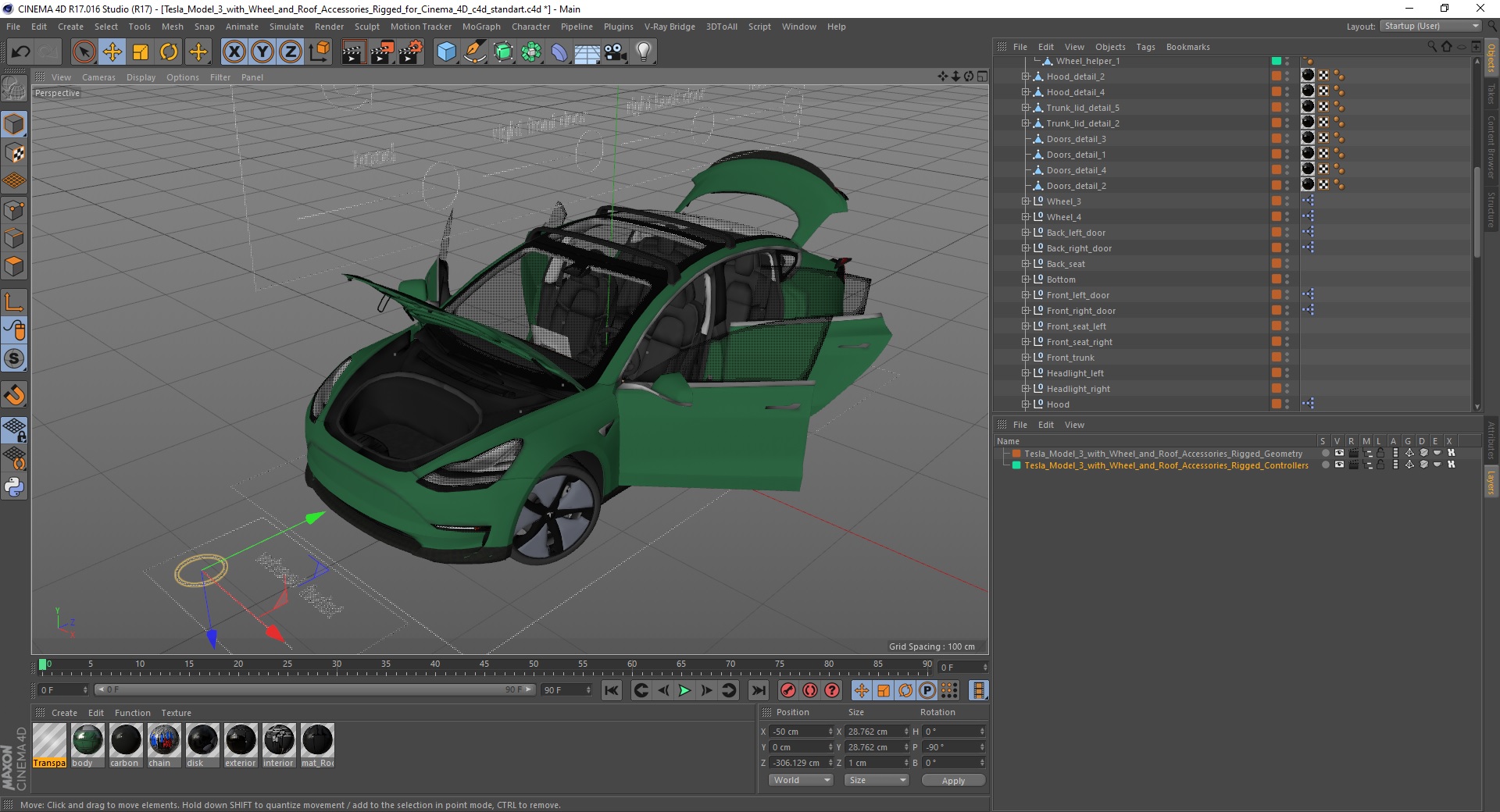 3D Tesla Model 3 with Wheel and Roof Accessories Rigged for Cinema 4D