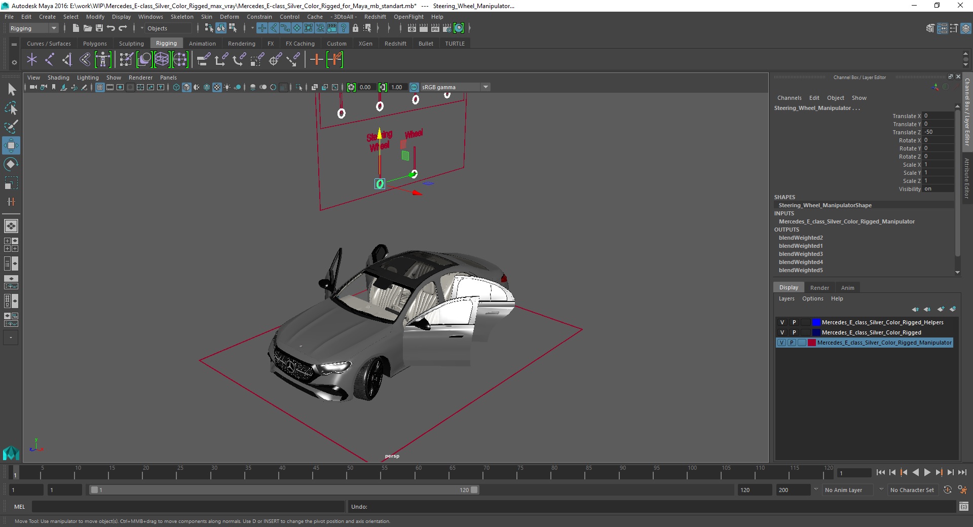 3D model Mercedes E-class Silver Color Rigged for Maya