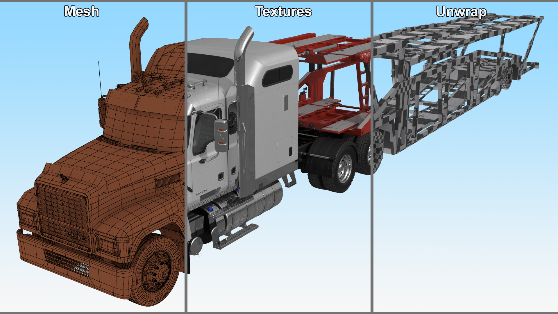 3D Mack CHU613 Truck with Sun Valley H5308 Car Carrier Rigged model