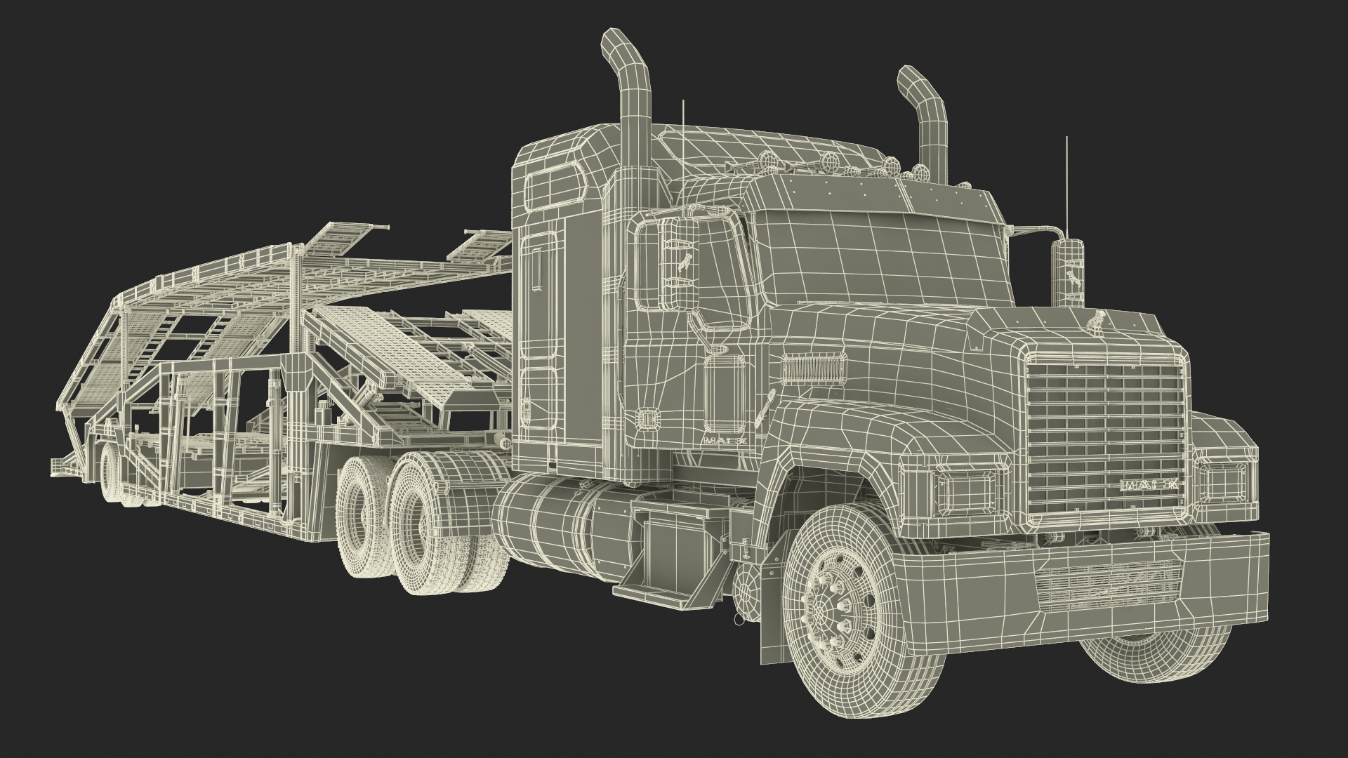 3D Mack CHU613 Truck with Sun Valley H5308 Car Carrier Rigged model