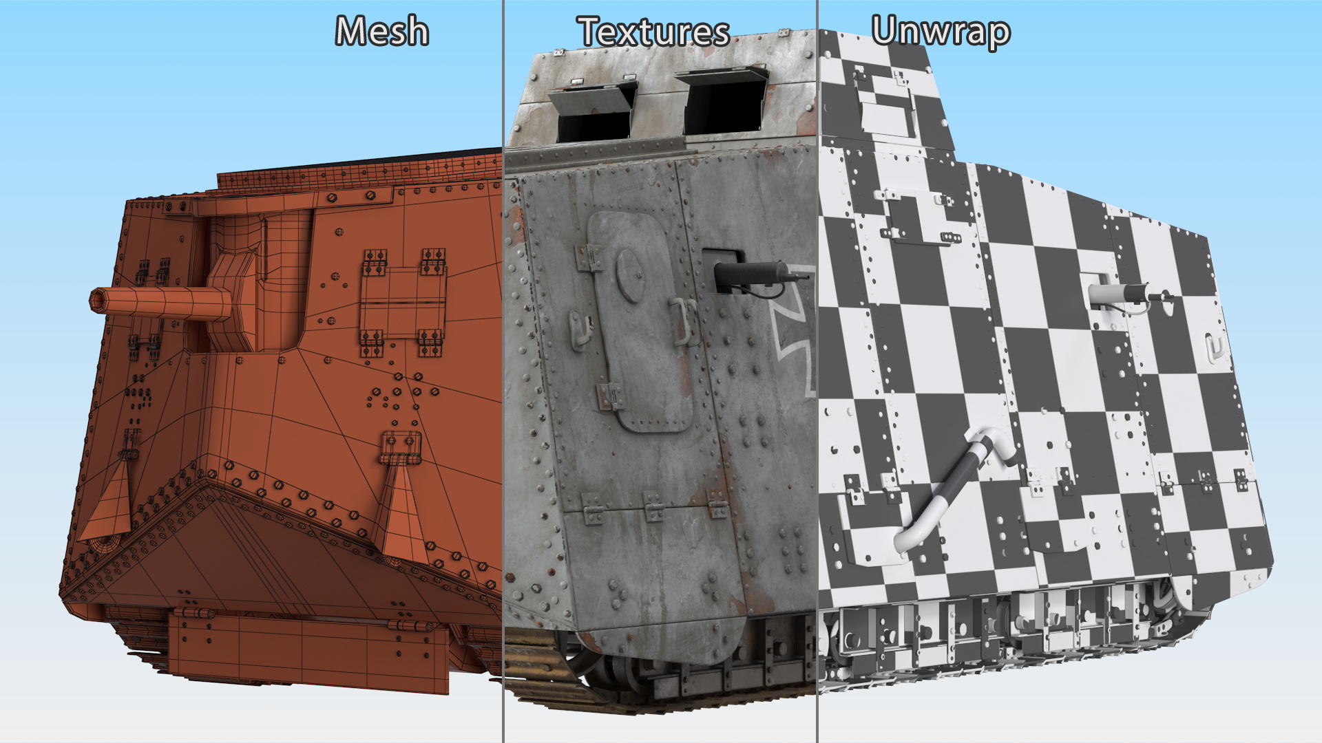 Old Aged WWI German A7V Armored Vehicle Tank 3D model