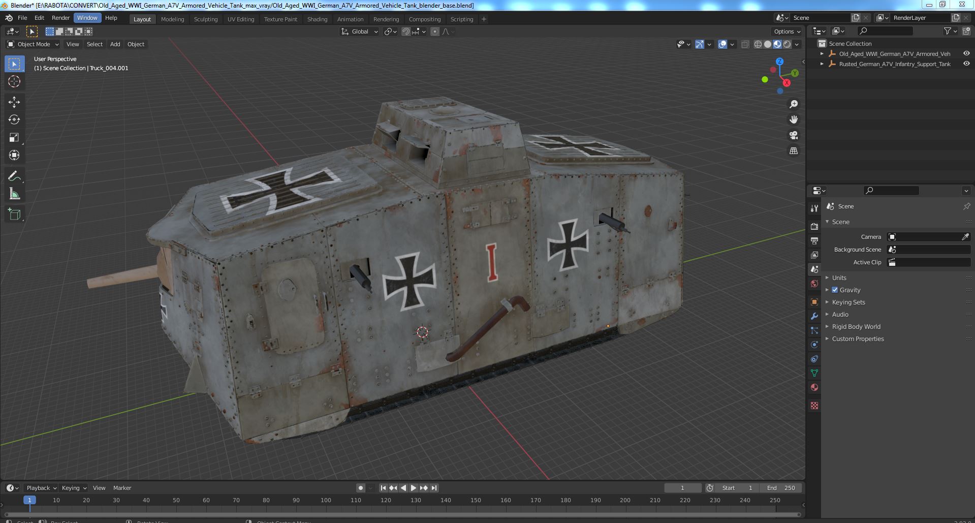 Old Aged WWI German A7V Armored Vehicle Tank 3D model