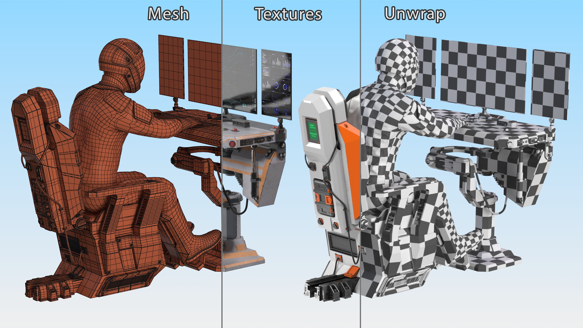 3D model Astronaut at a Sci-Fi Computer