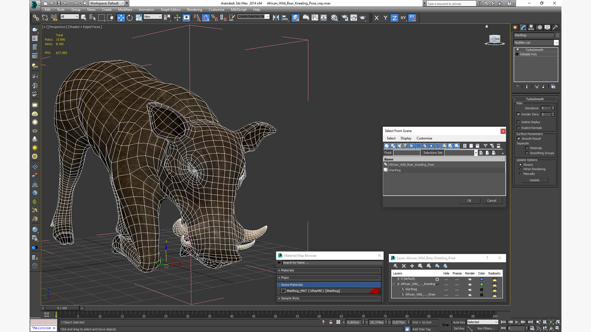 3D African Wild Boar Kneeling Pose