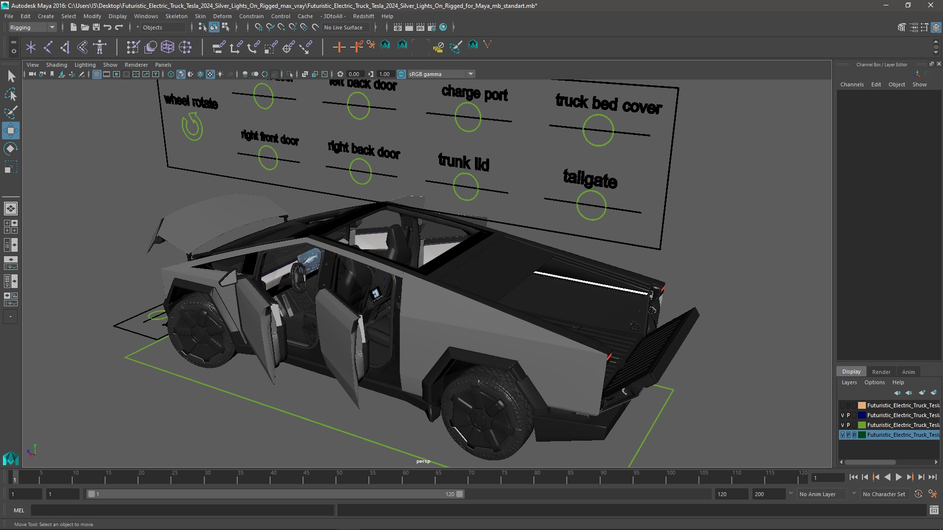 Futuristic Electric Truck Tesla 2024 Silver Lights On Rigged for Maya 3D model