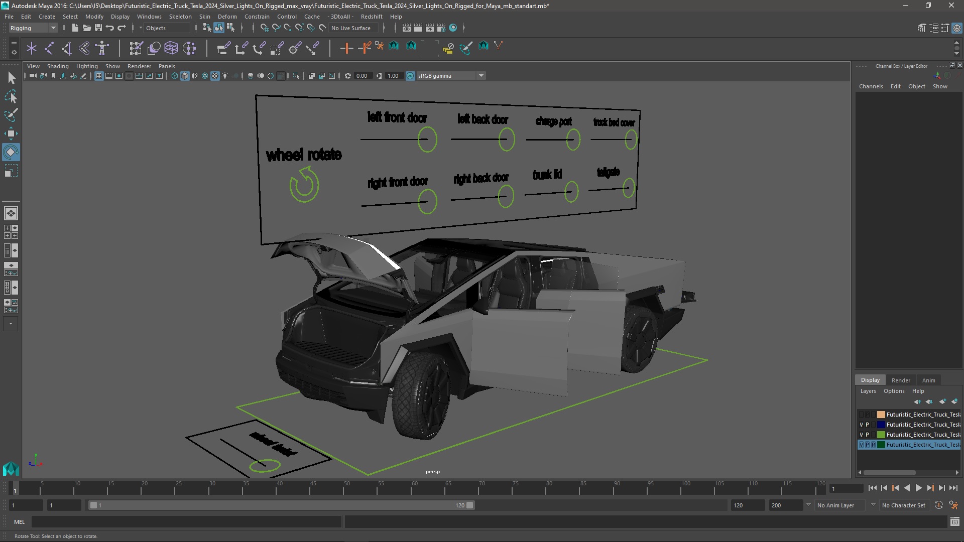 Futuristic Electric Truck Tesla 2024 Silver Lights On Rigged for Maya 3D model