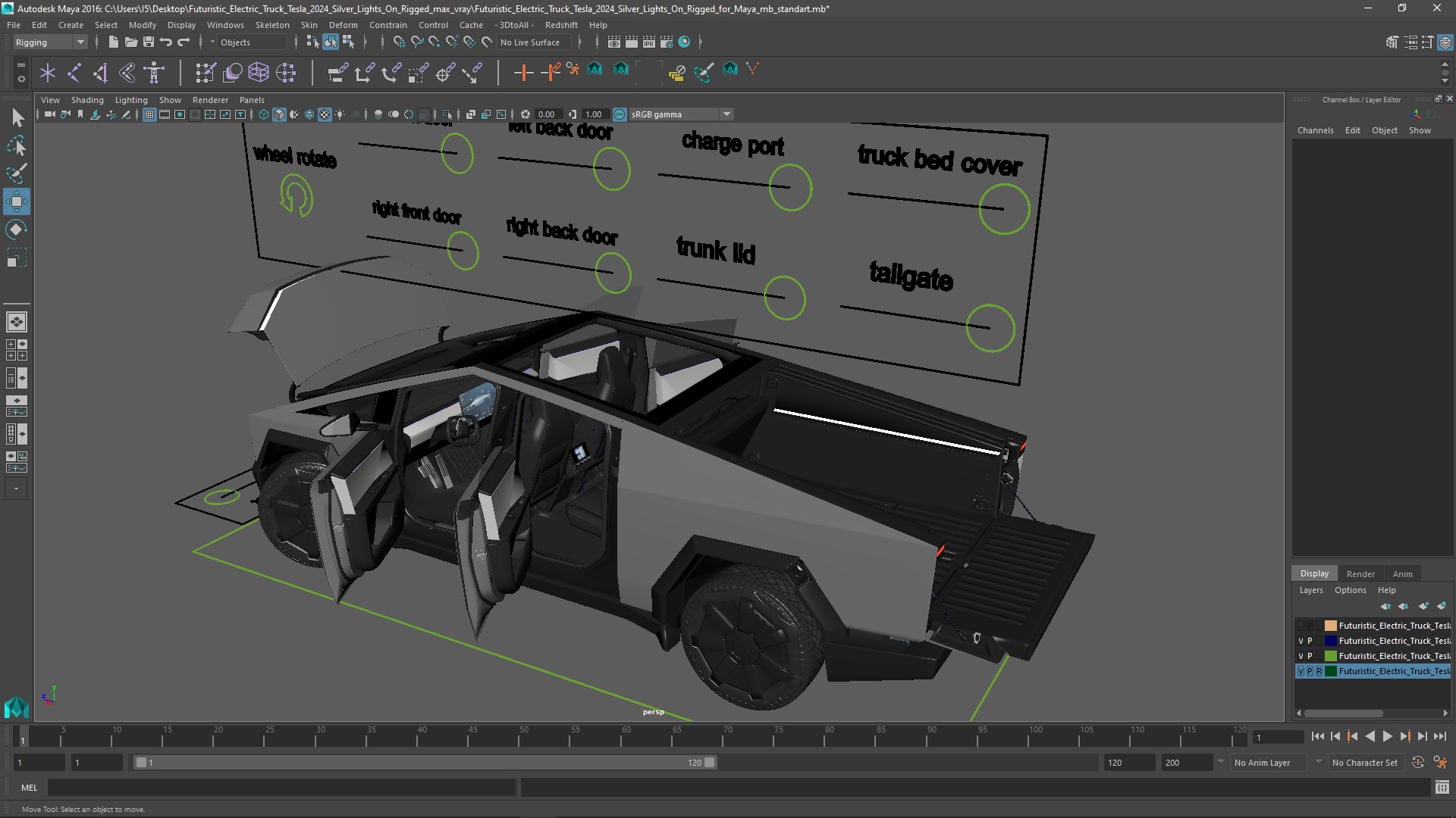 Futuristic Electric Truck Tesla 2024 Silver Lights On Rigged for Maya 3D model