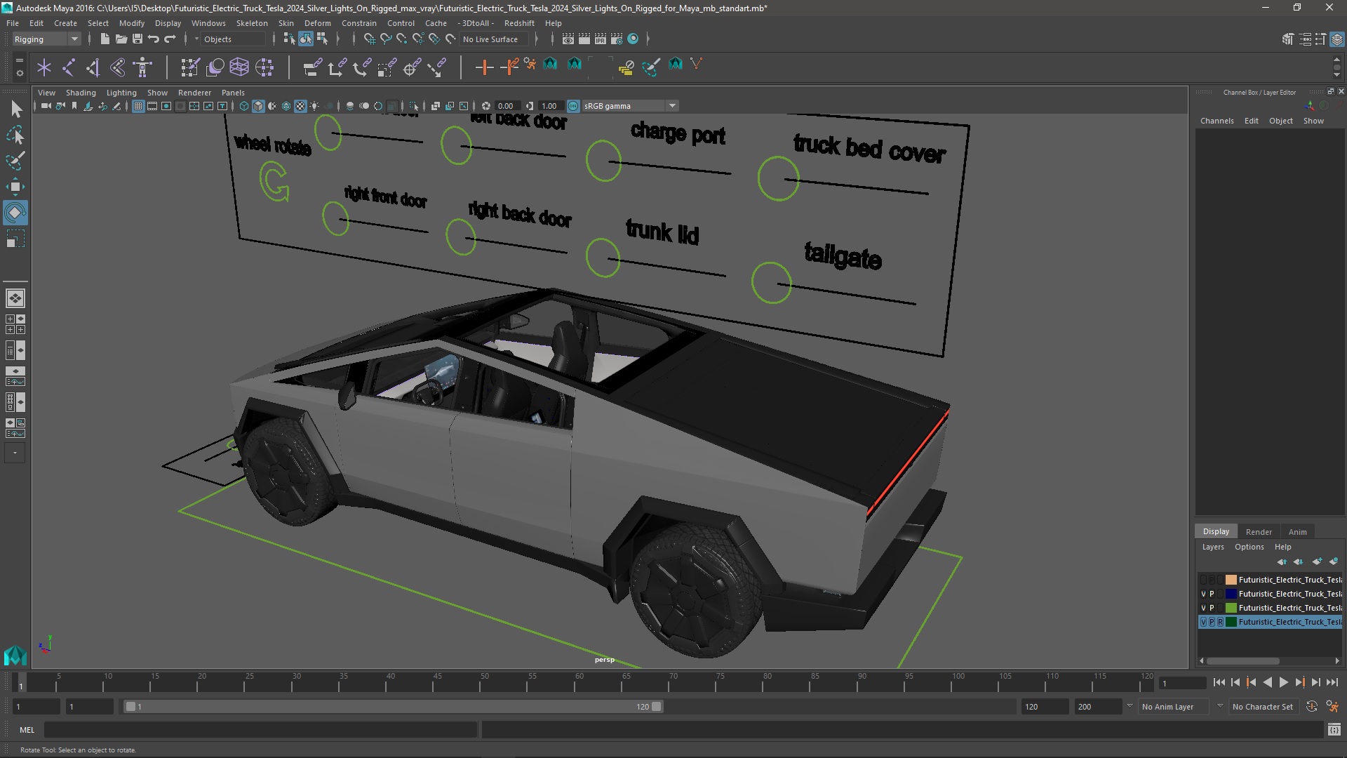 Futuristic Electric Truck Tesla 2024 Silver Lights On Rigged for Maya 3D model