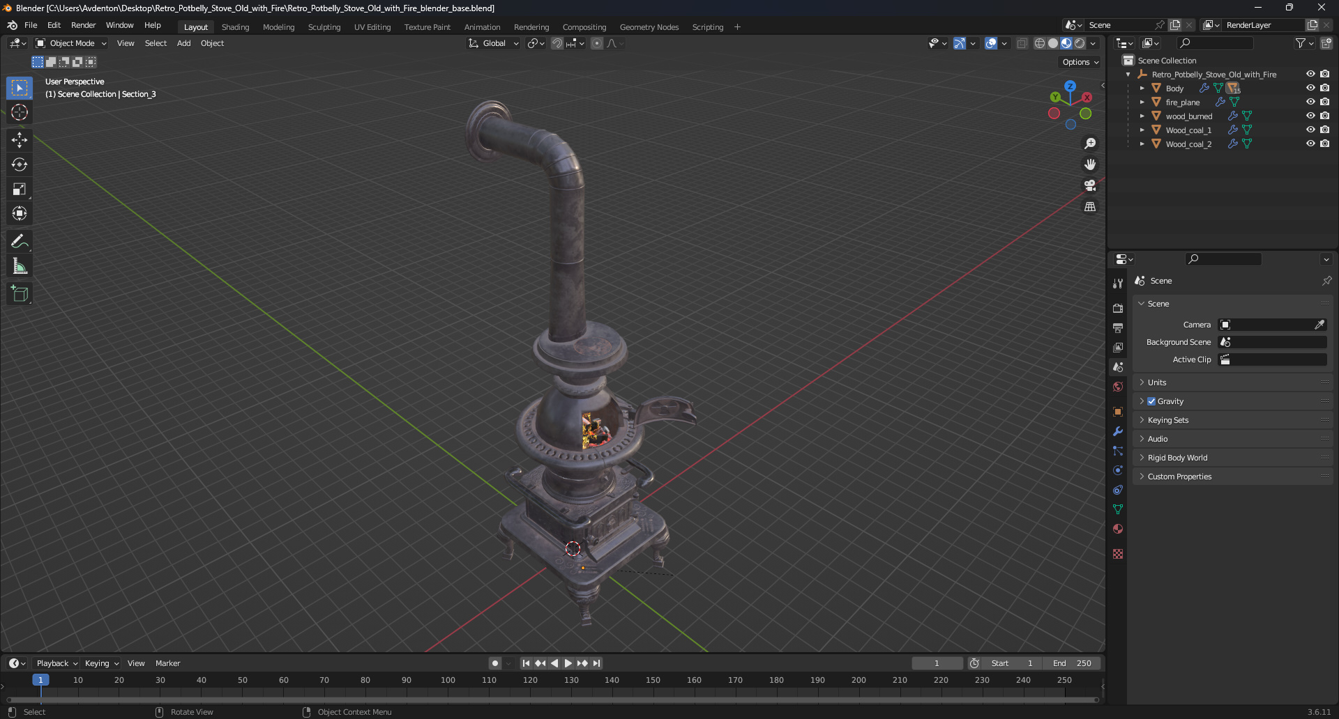 Retro Potbelly Stove Old with Fire 3D model