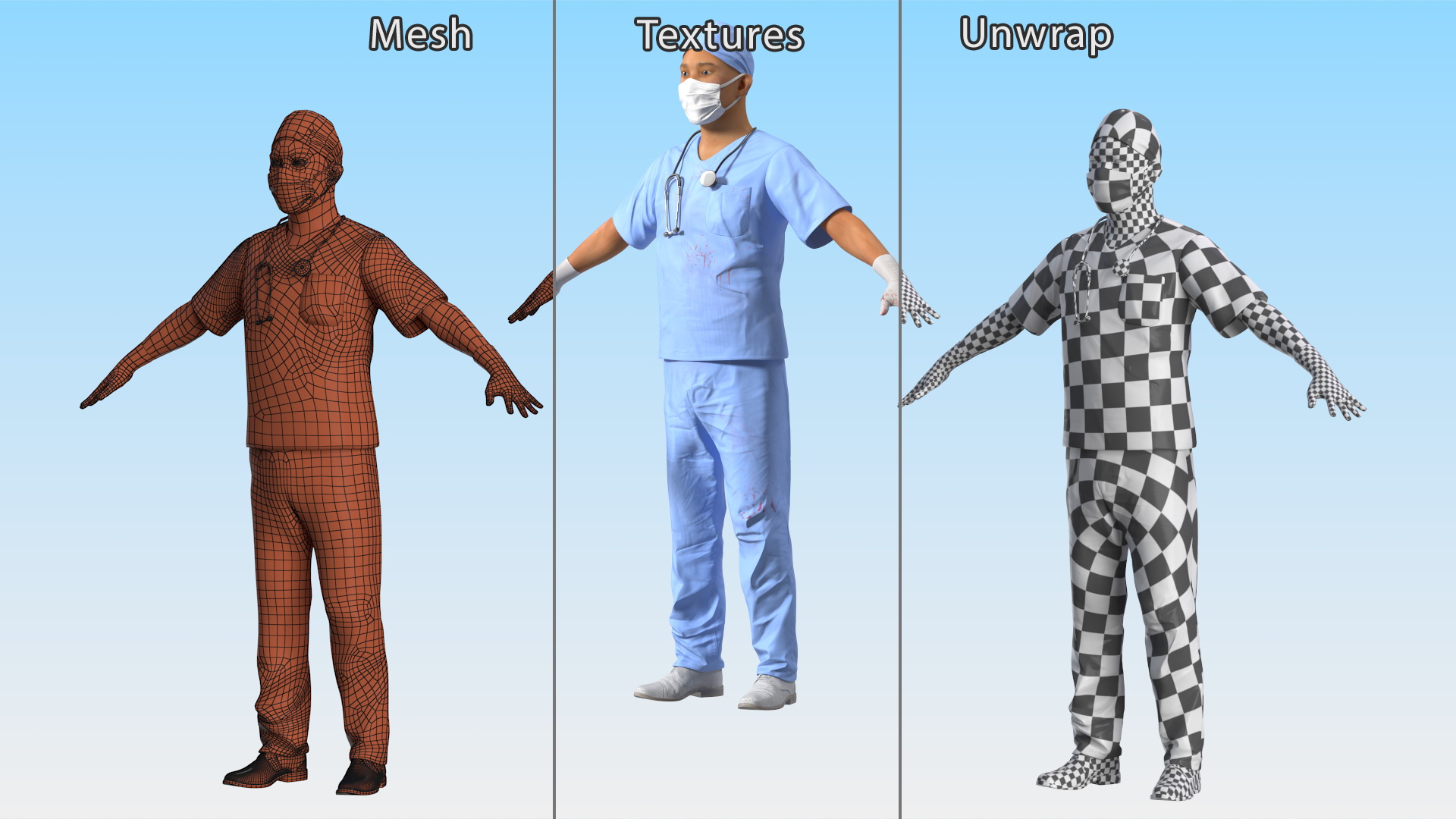 3D model Asian Doctor wearing Gloves and Mask Stained Blood