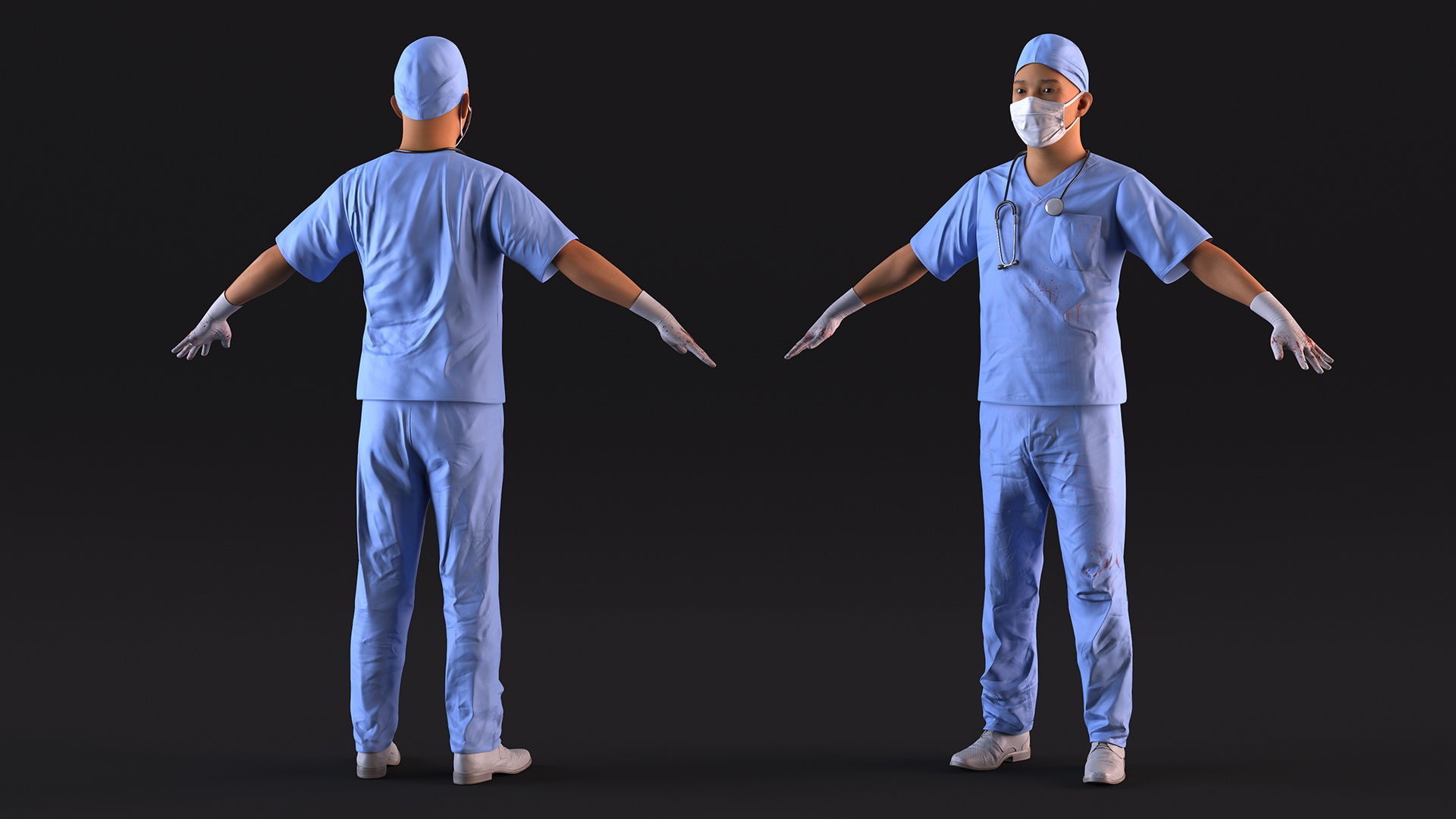 3D model Asian Doctor wearing Gloves and Mask Stained Blood