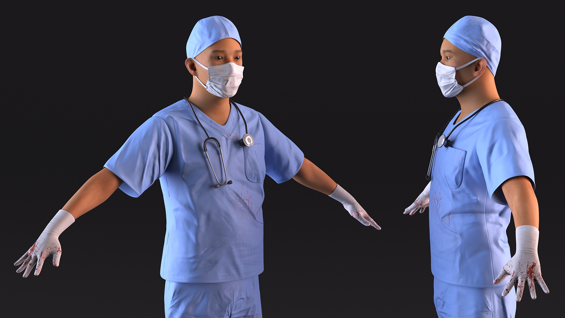 3D model Asian Doctor wearing Gloves and Mask Stained Blood