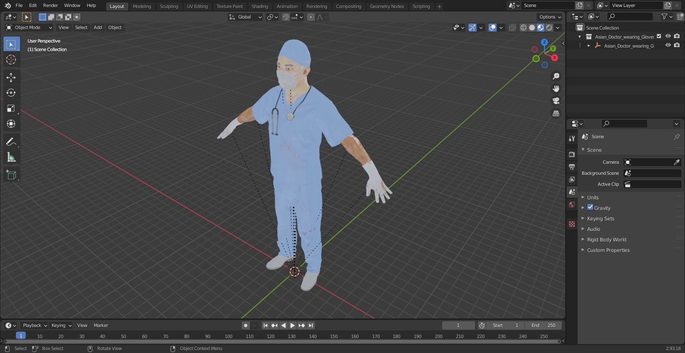 3D model Asian Doctor wearing Gloves and Mask Stained Blood