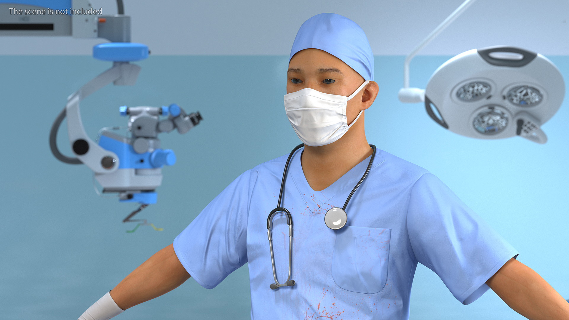 3D model Asian Doctor wearing Gloves and Mask Stained Blood