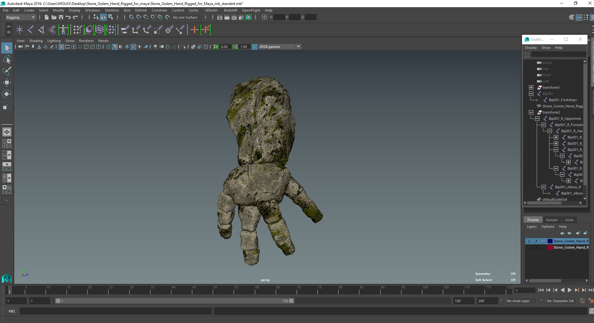 Stone Golem Hand Rigged for Maya 3D