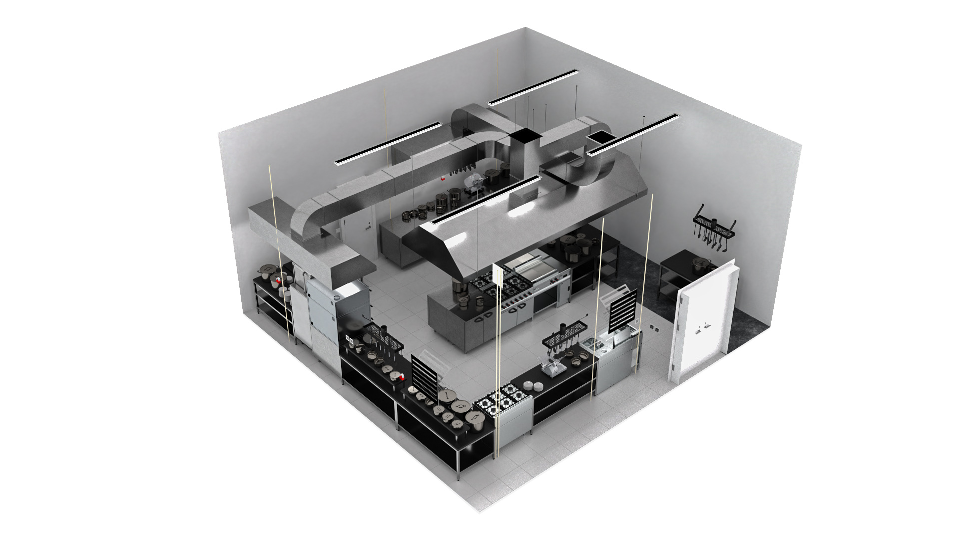 Equipped Commercial Kitchen No Lights 3D