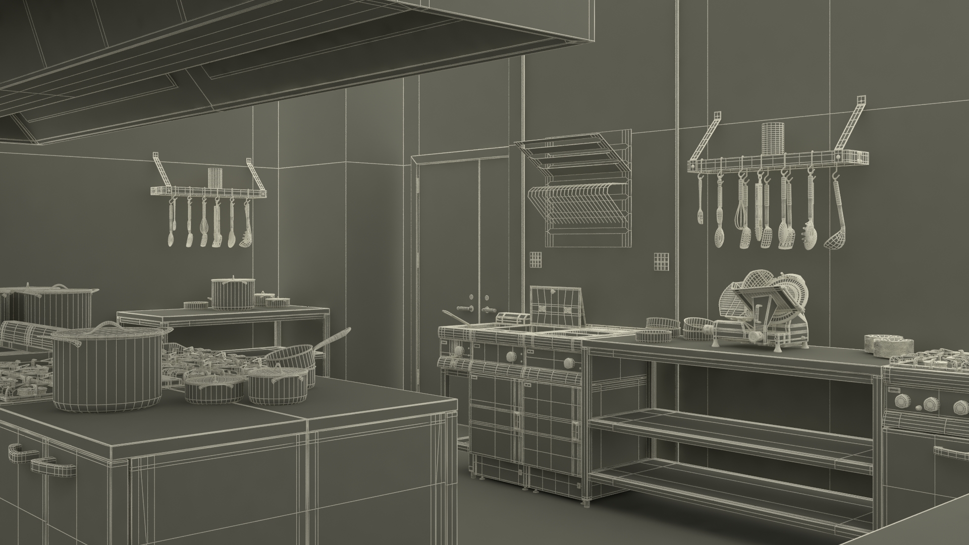 Equipped Commercial Kitchen No Lights 3D