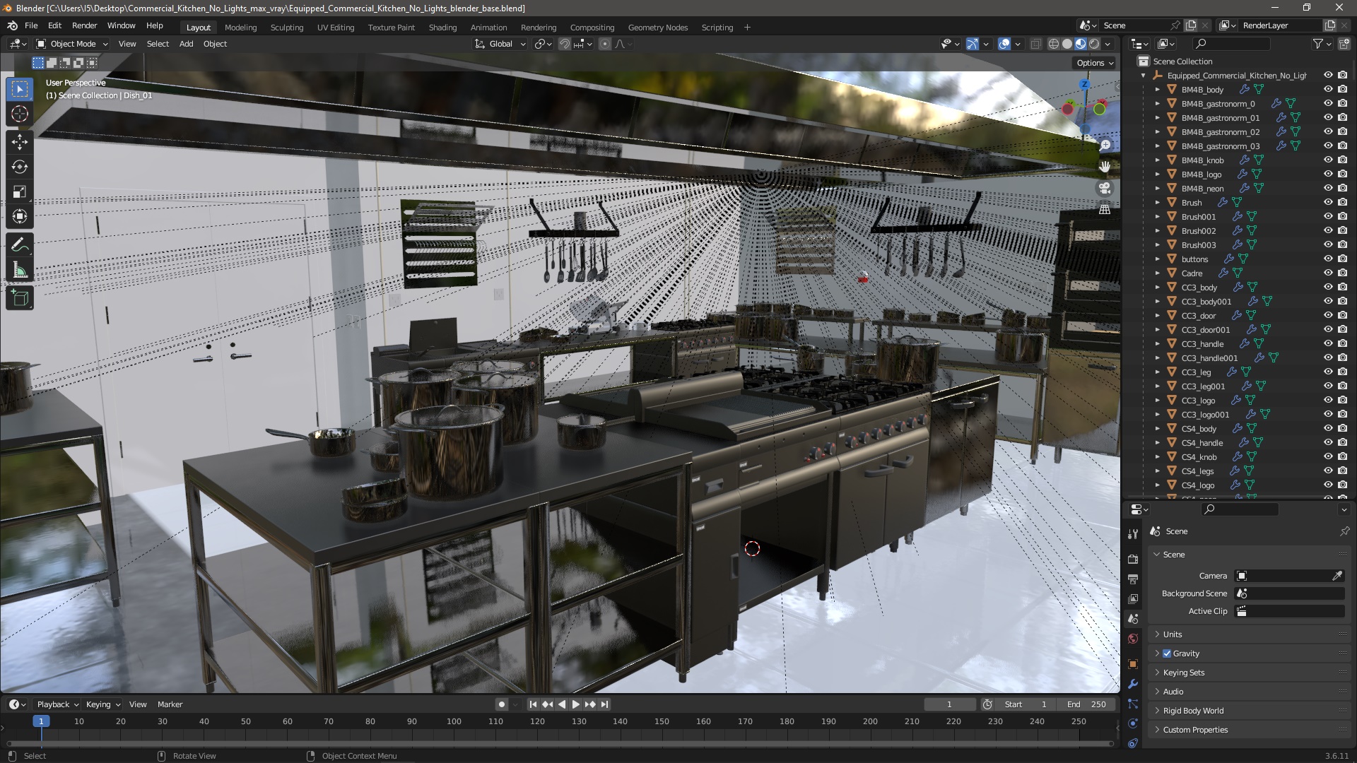 Equipped Commercial Kitchen No Lights 3D
