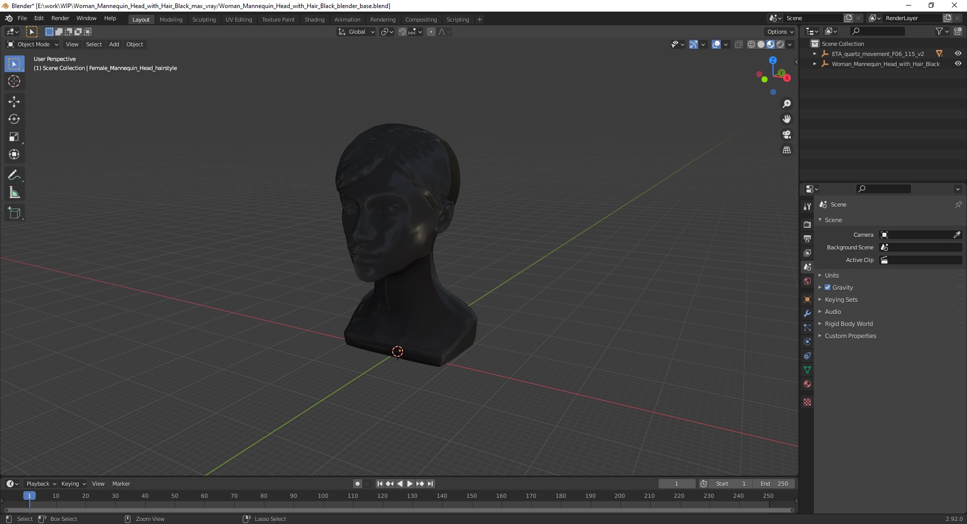 3D Woman Mannequin Head with Hair Black