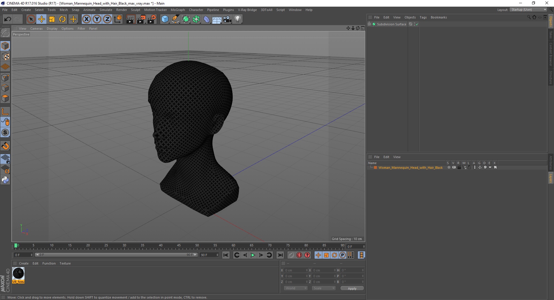 3D Woman Mannequin Head with Hair Black