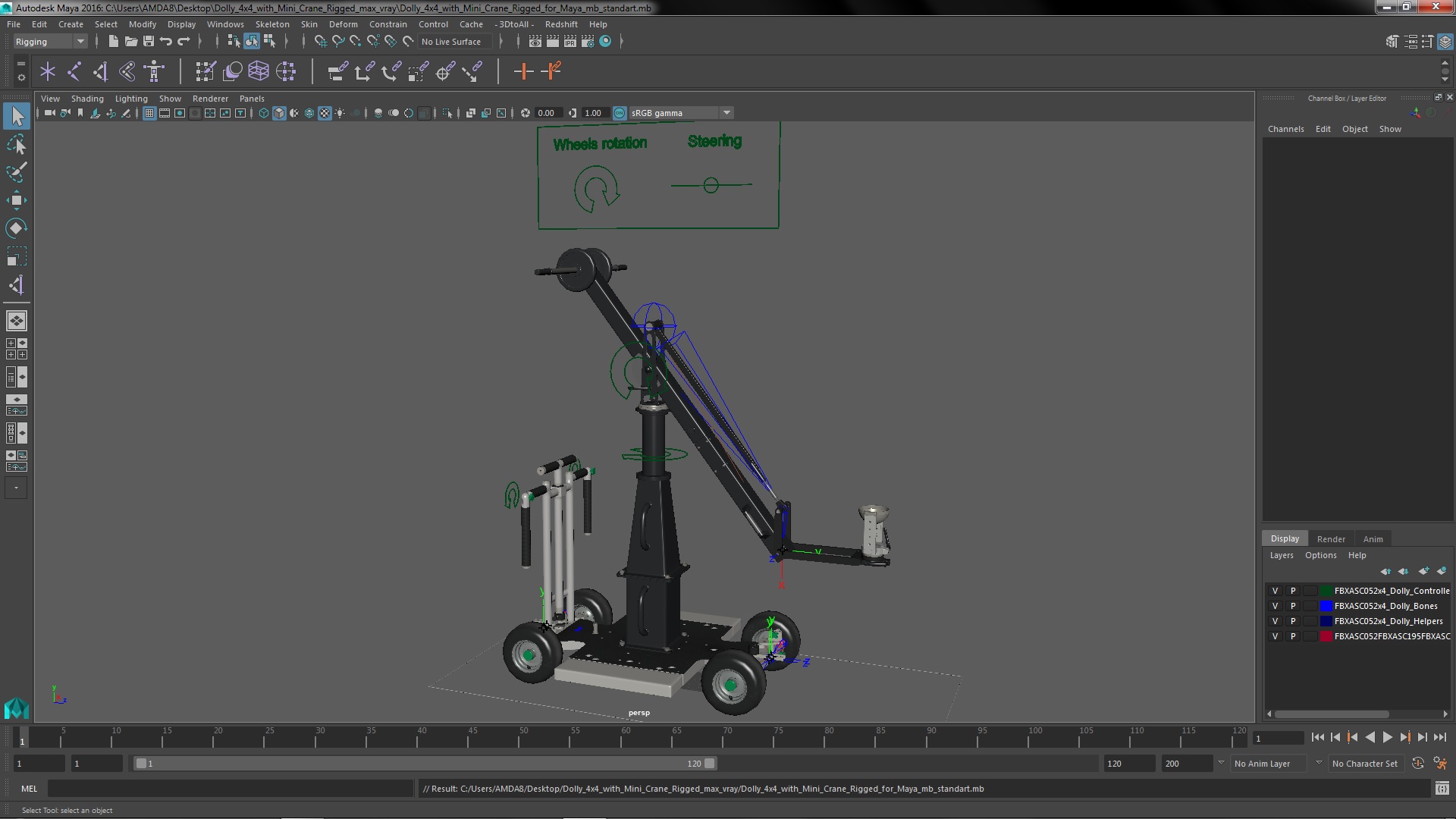 3D Dolly 4x4 with Mini Crane Rigged for Maya