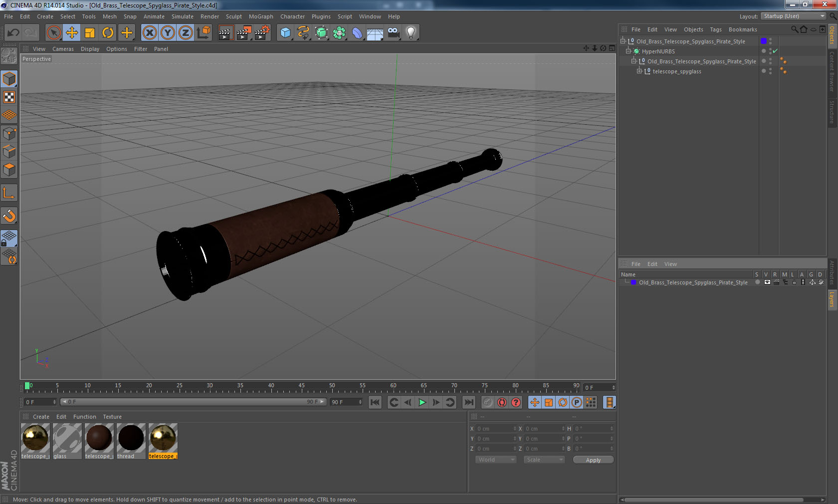 3D Old Brass Telescope Spyglass Pirate Style