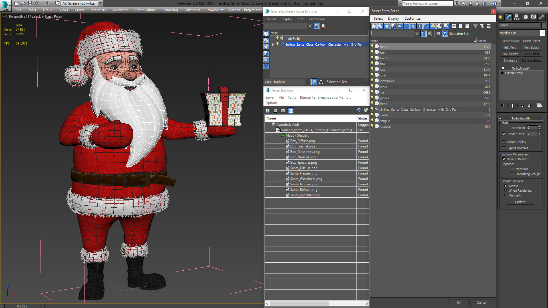 3D Smiling Santa Claus Cartoon Character with Gift Fur