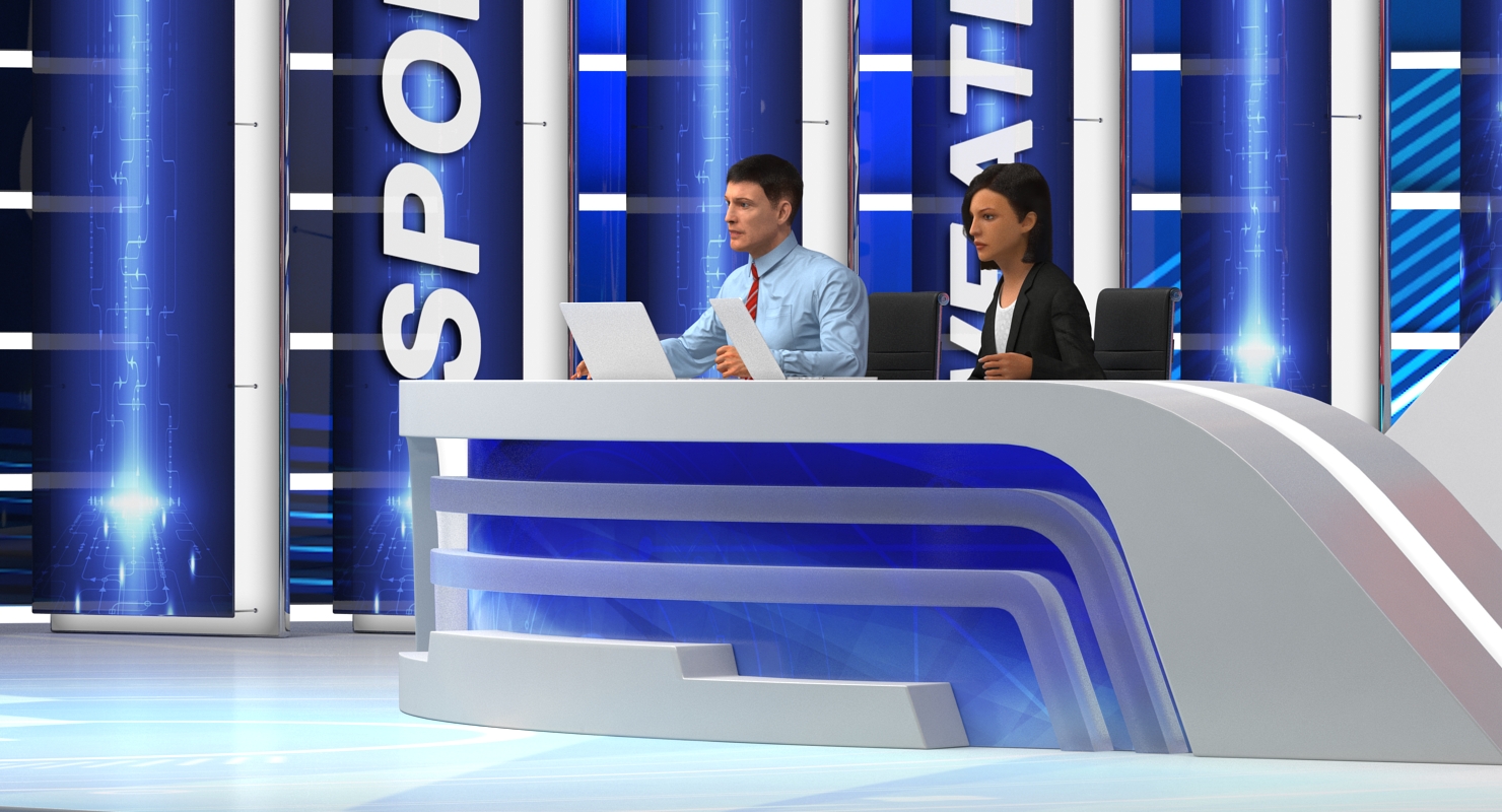 3D TV News Studio with Camera and Presenters Rigged model