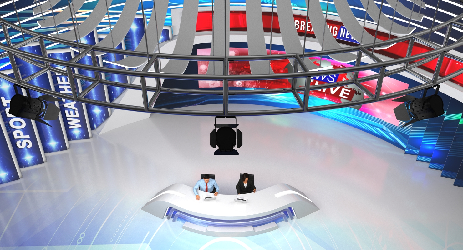3D TV News Studio with Camera and Presenters Rigged model